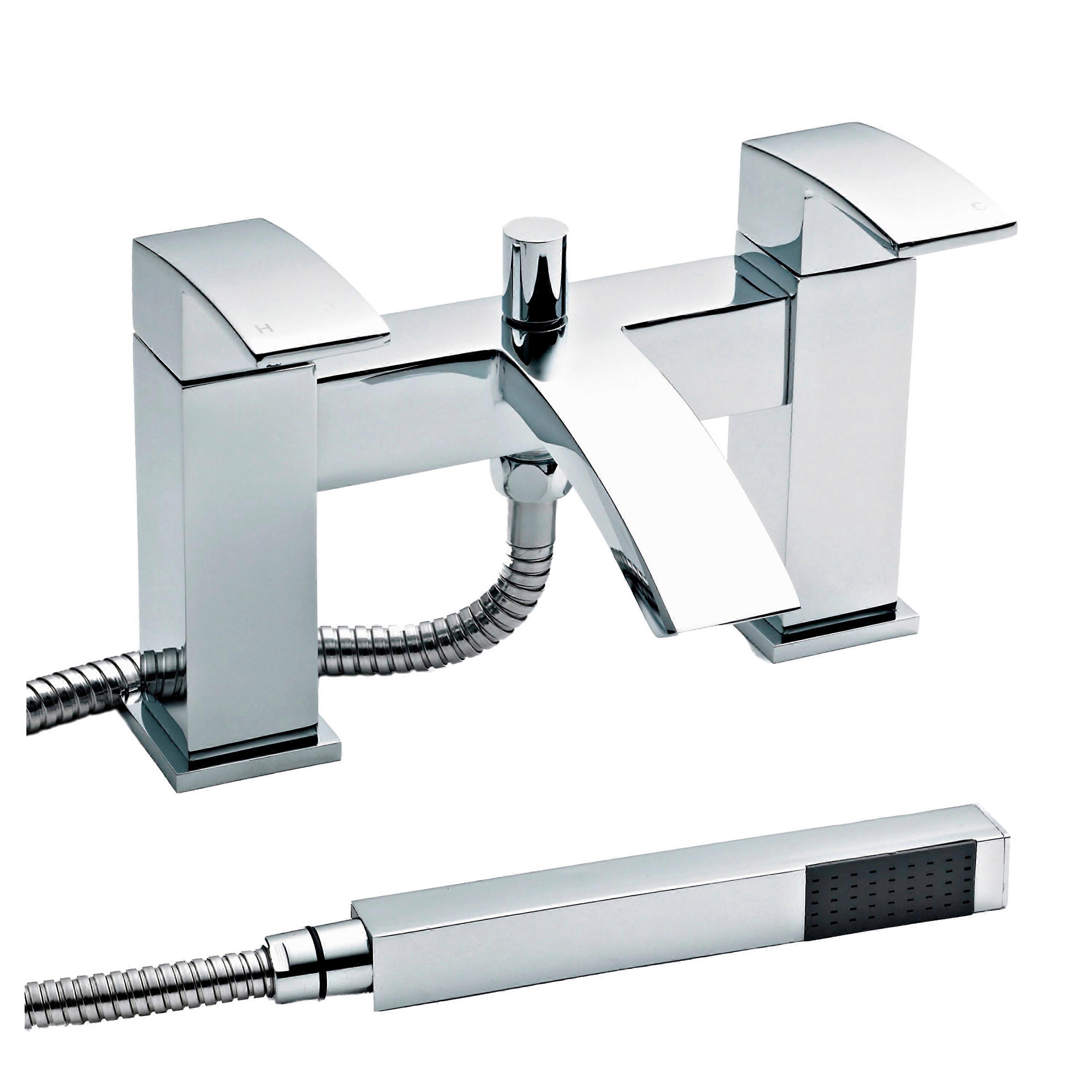 Square Deck Mounted Bath Shower Mixer Tap & Shower Kit - Chrome Faucet