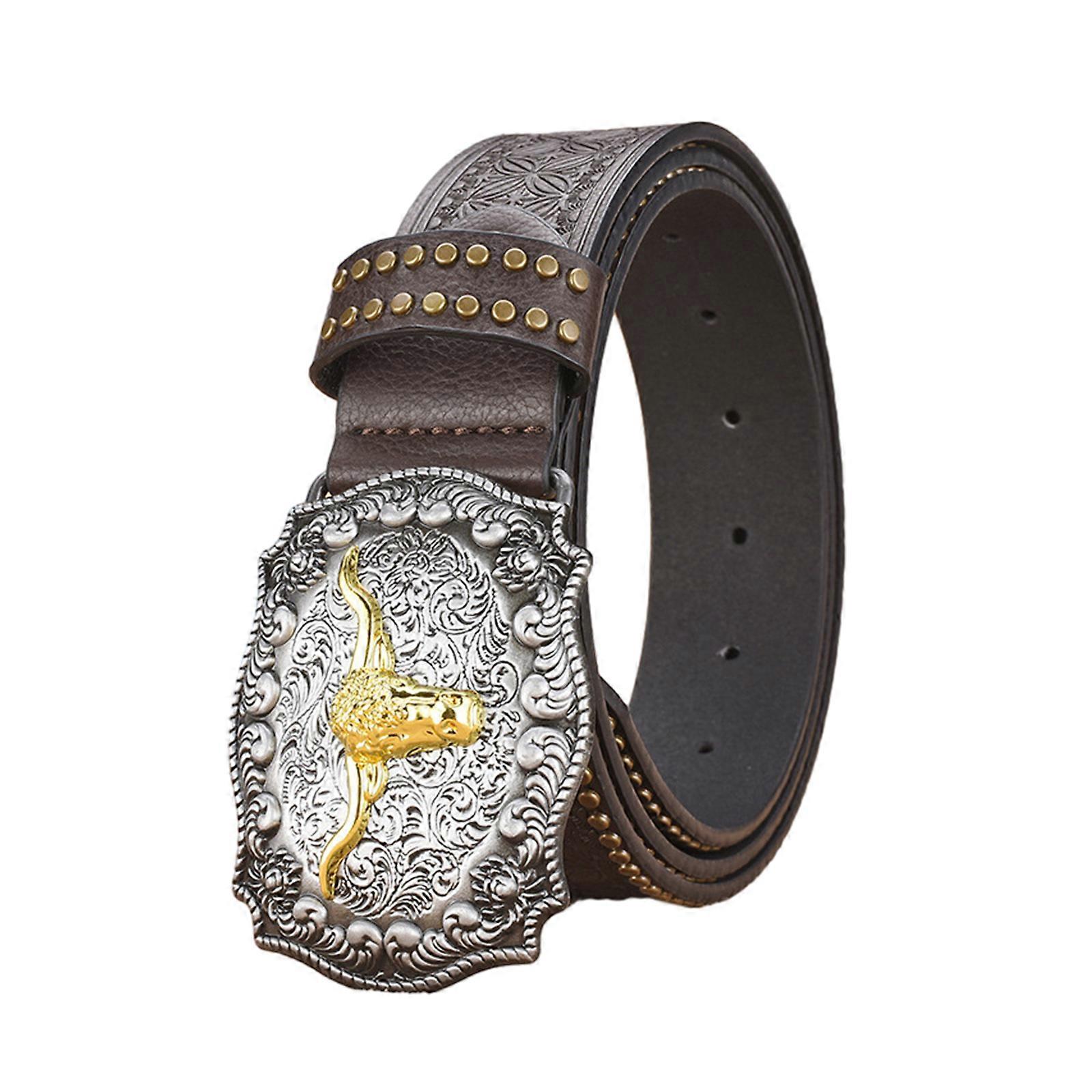 Western Style Adult Waist Belt with Relief Bull Head Buckle Embossed Pattern Waist Belt for Men PU Wear-Resistant Belt  Dark Brown
