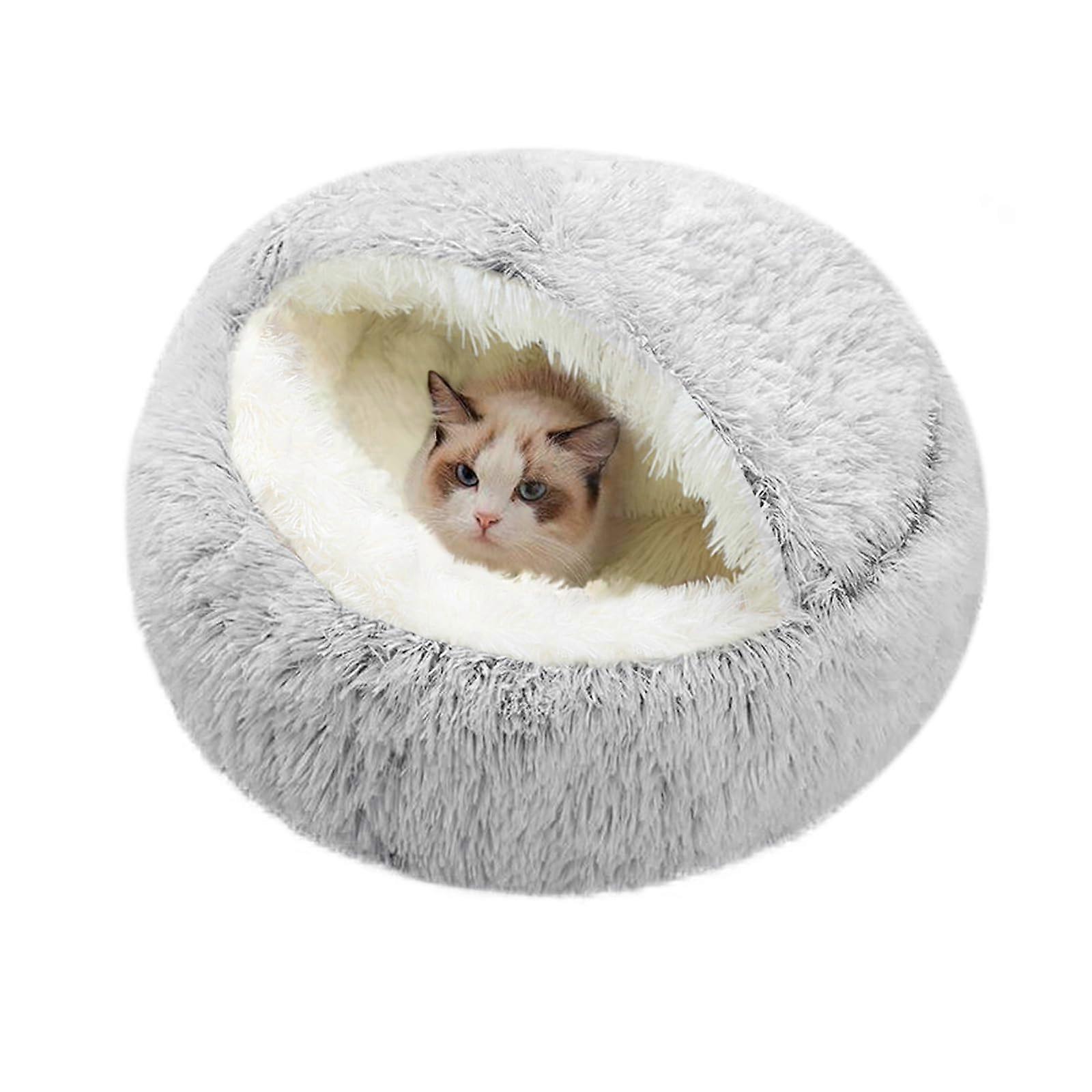 Calming Self Warming Kitten Bed, Round Hooded Cat Cave, Soft Plush Faux Fur Donut Cuddler, Indoor Non-Slip Cushion