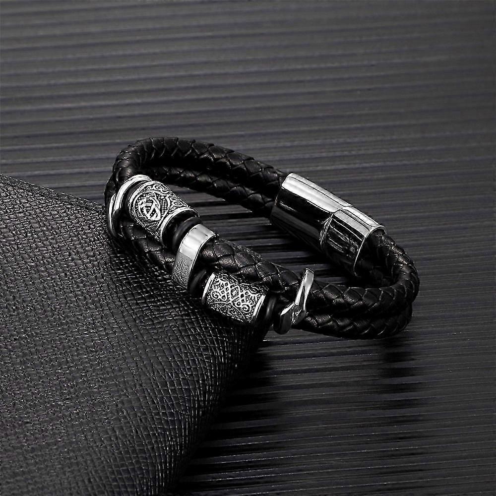 Bracciale in vera pelle per uomini in stile vichingo con fili multicamated e regalo di gioielli nordici in acciaio inossidabile per coppie