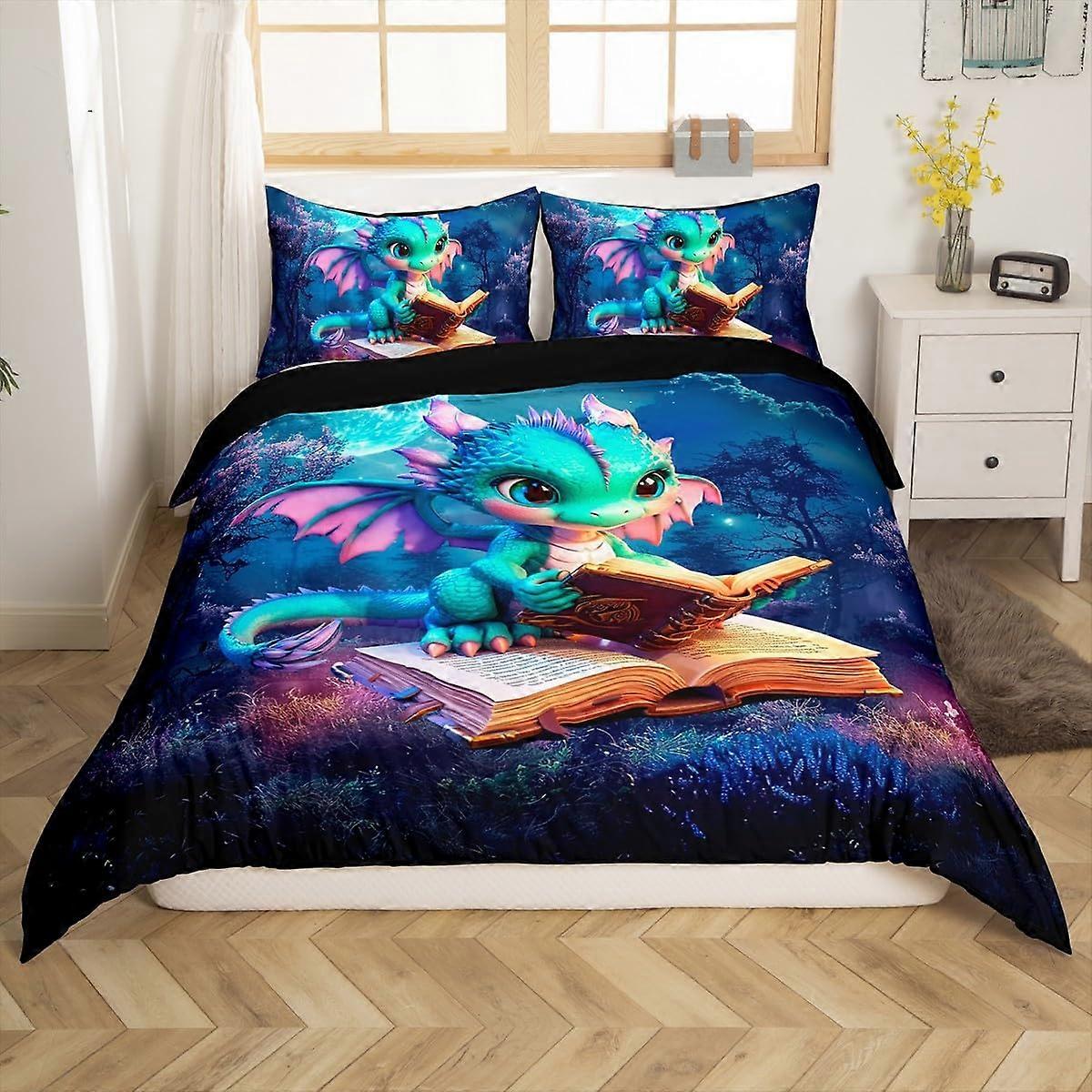 Conjunto de Capa de Edredom de 2 Peças Dragão Mágico Selva Noite Fofo Lua Estrelada Céu Decoração de Quarto de Crianças Tamanho Twin