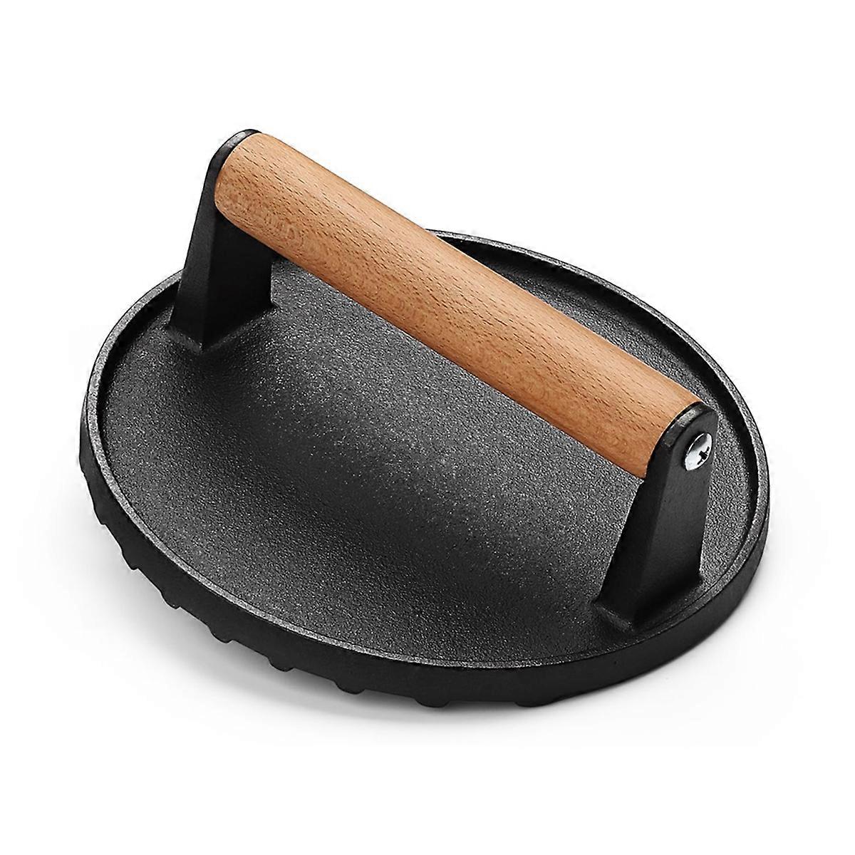 Burger Press 7Inch Round Cast Iron Smash Bacon Press Meat Steak with Wood Handle for Griddle, Sandwi