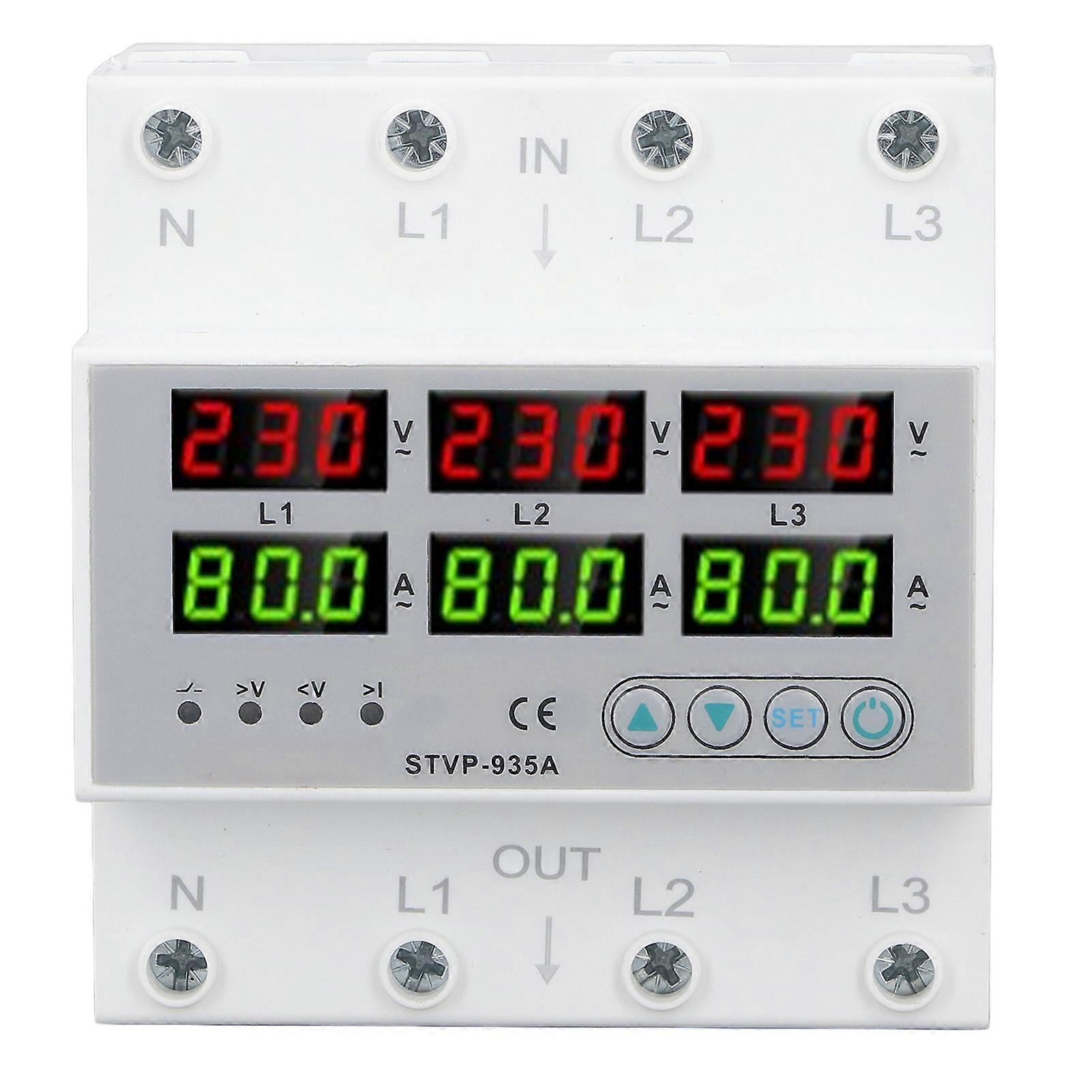 Over Under Protector 80A 3 Phase Auto Reset Voltage Protective Device DIN Rail Voltmeter Ammeter AC220V AC380V