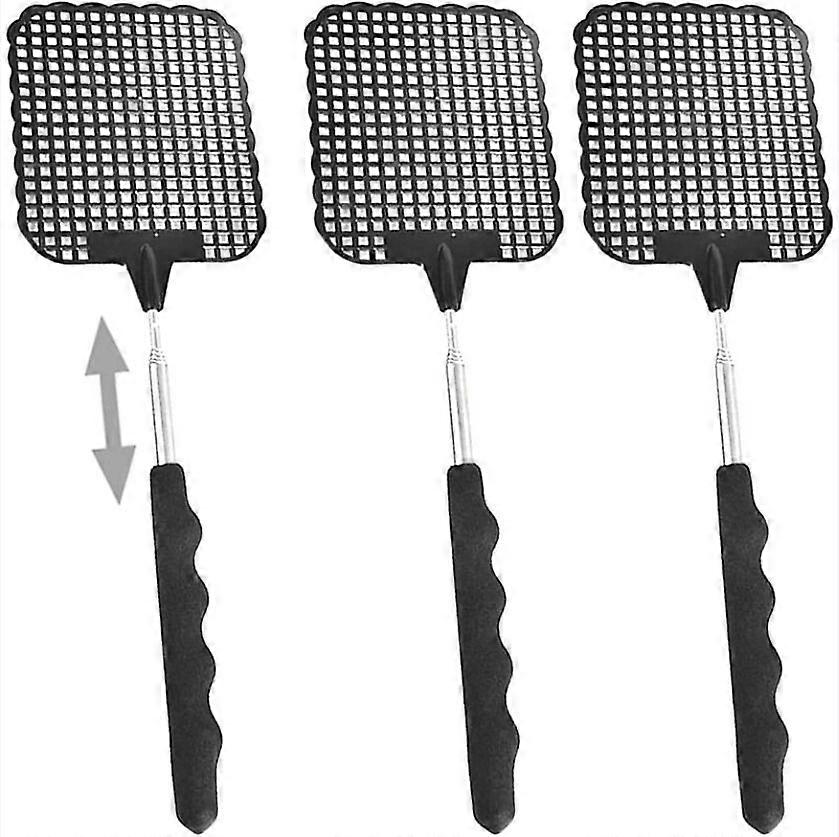 Black 3 Piece Fly Swatter Set, Telescopic Handle for Manual Pest Control, Portable Fly Swatter, Protect Your Kitchen