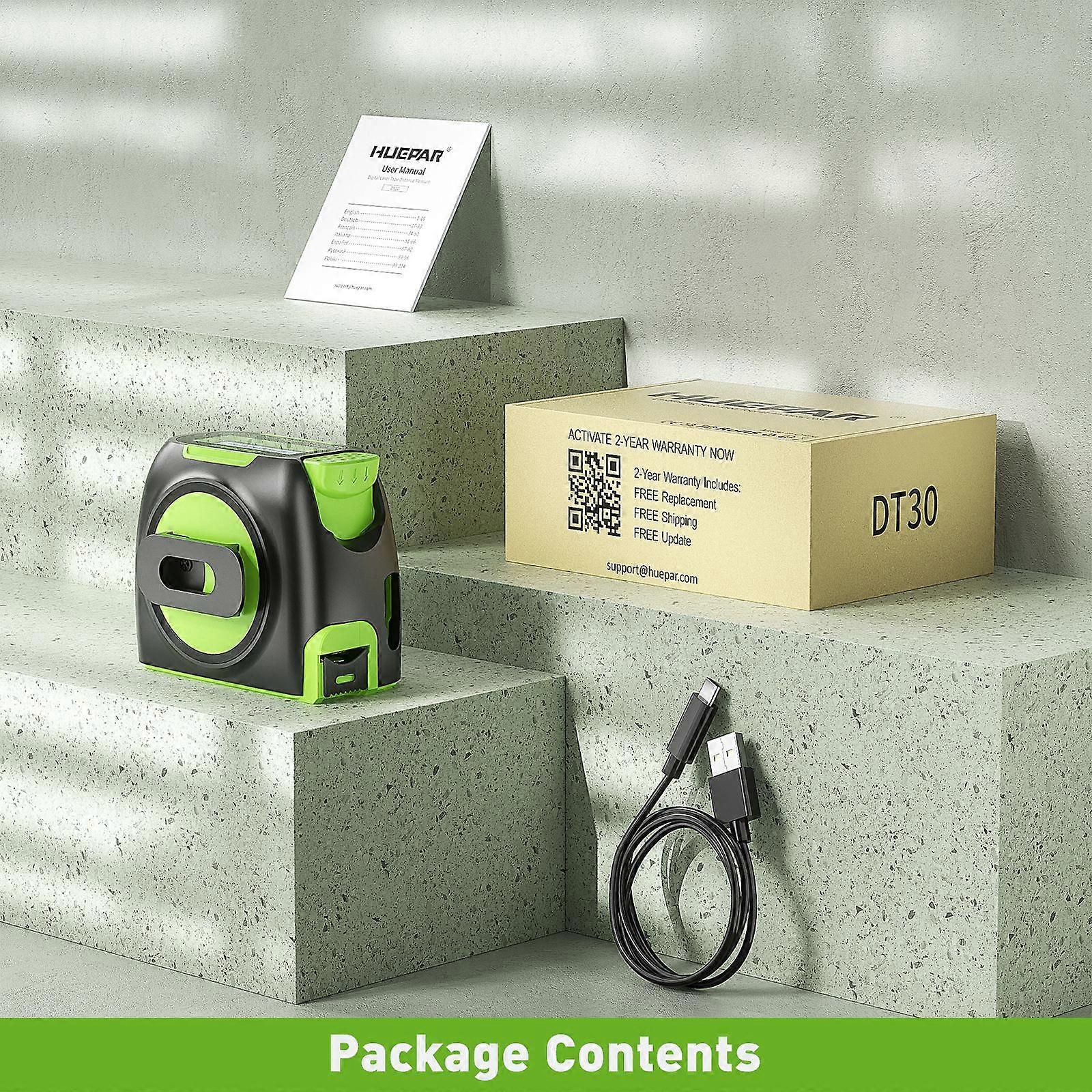 Huepar DT30 Digital 60M 197ft Laser Measuring 2-in-1 Tape Measure With Measurement LCD Display Inch / Cm Scalable Distance Meter