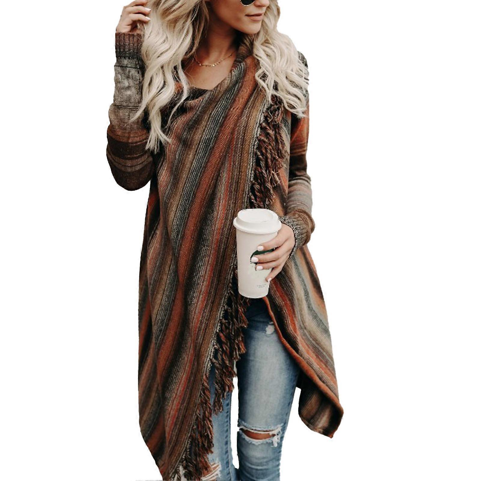 Tassel Open Front Outwear Stripes Irregular Knitted Long Sleeve Shawl for Winter Autumn