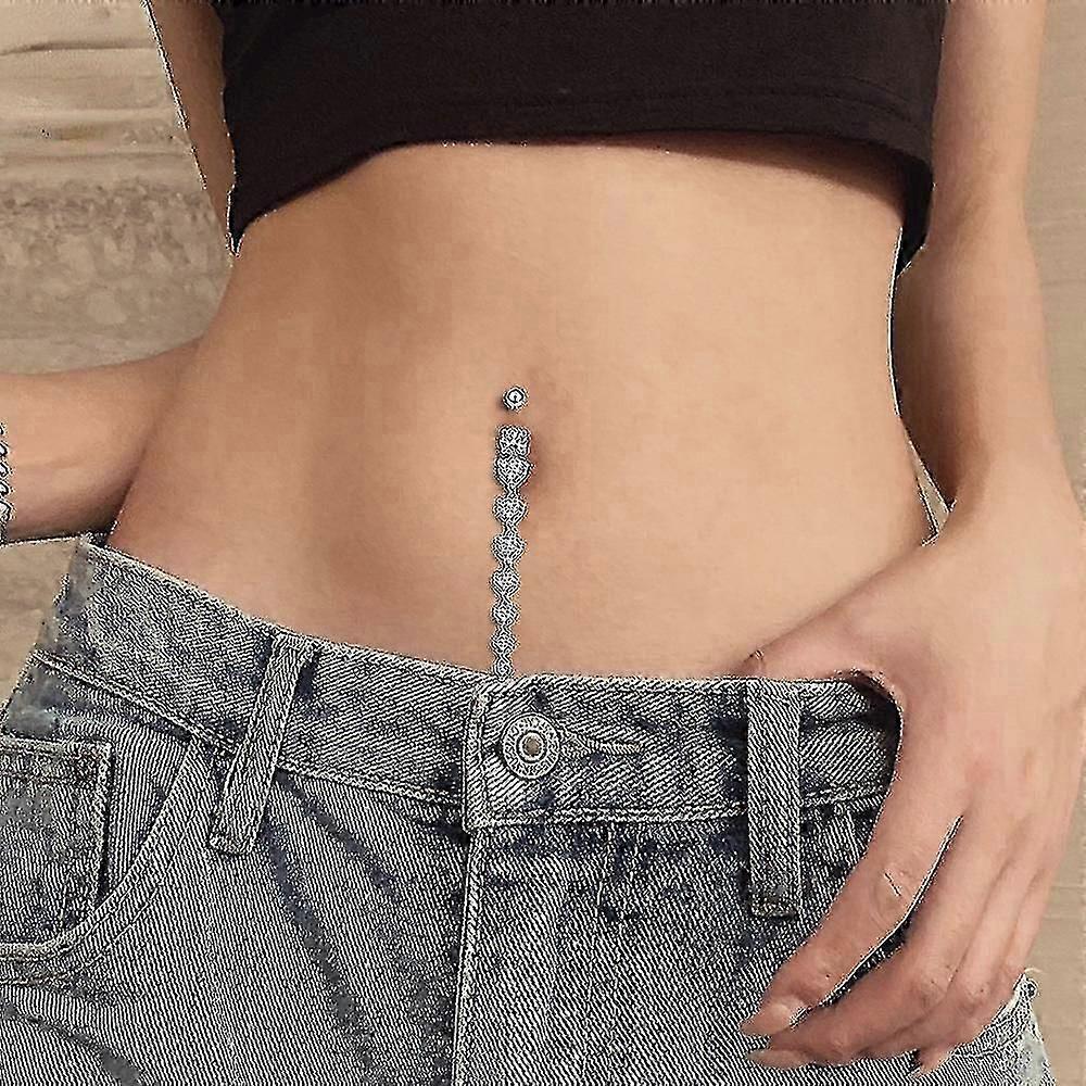 7 بلورات القلب طويلة تتدلى حلقات زر البطن الجراحية الصلب السرة ثقب المجوهرات 14 جرام