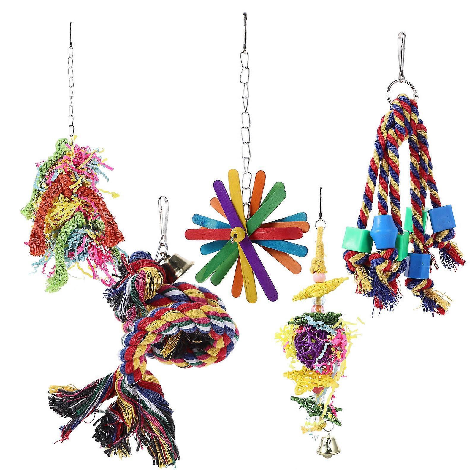 Hanging Parrot Toy Set – 5pcs Bite Resistant Chewing Playthings for Parrots, Parakeets & Cockatiels – Engaging Foraging Fun with Creative Design
