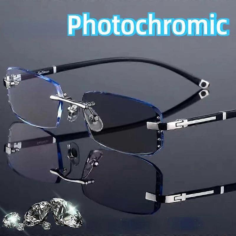 Luxury Diamond Cutting Photochromic Reading Glasses Men Business Rimless Eyeglasses Women Color Changing Presbyopia Eyewear