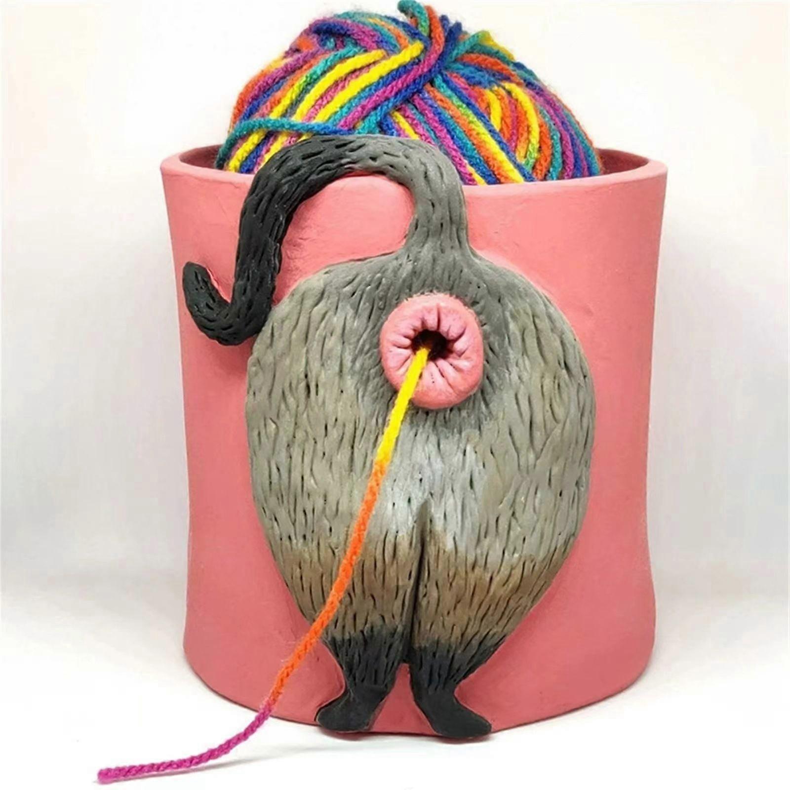 Cat Yarn Bowl Artwork, Yarn Crochet Basket with Holes Yarn Holder Dispenser for Desk Bedding