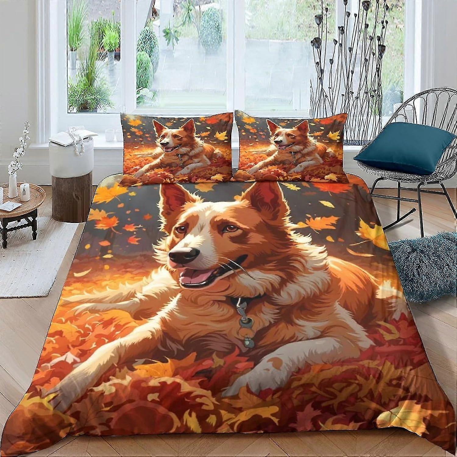 Autumn Dog Bedding Set Duvet Cover for 3D Printed 3 Pieces Soft Breathable Comforter Cover with Pillowcases Double