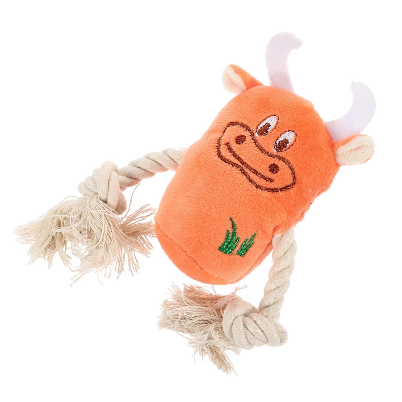 Interactive squeaky toy plush animal in cow shape, plush toy for puppies and small pets, chew toy for dental care and entertainment, safe for pets.