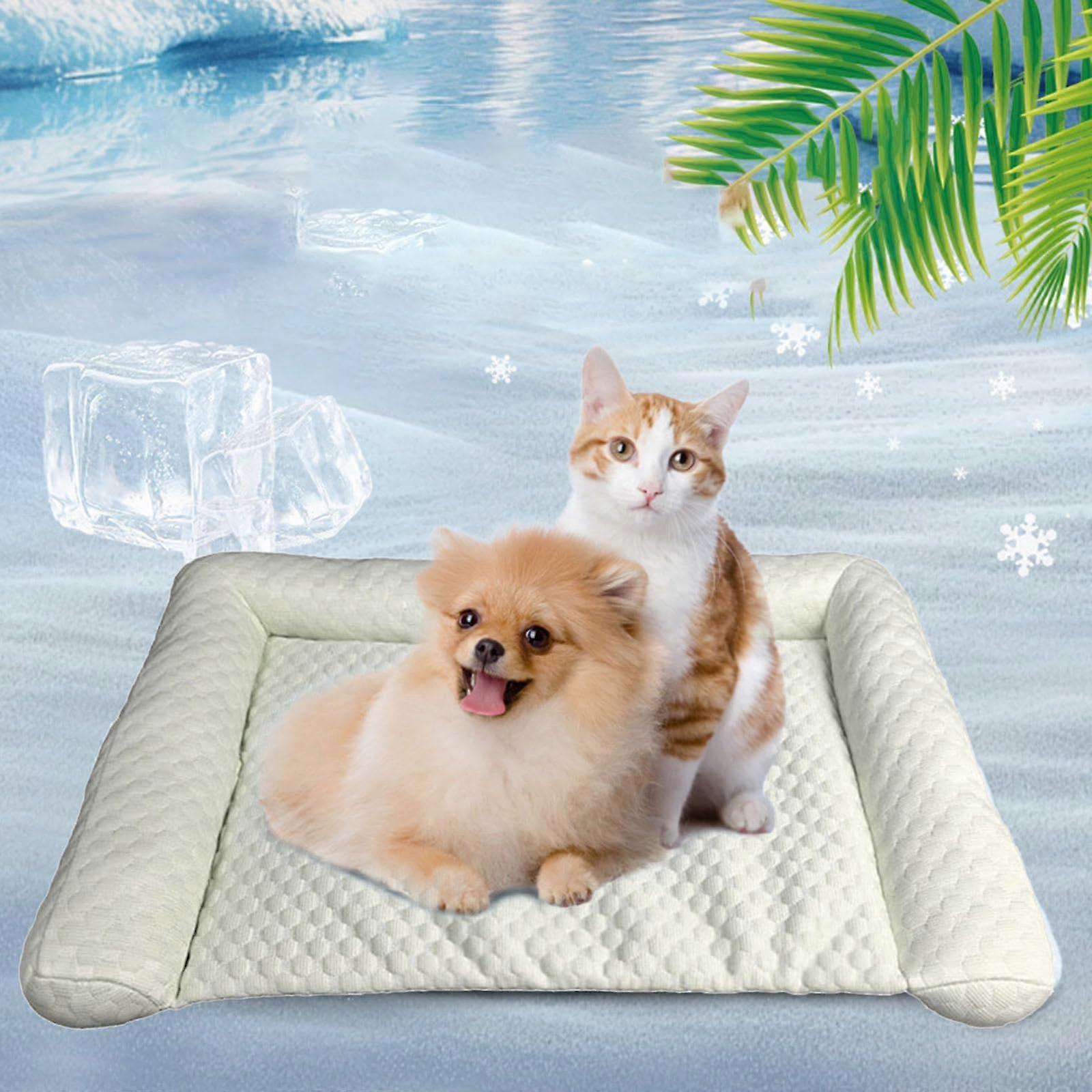 Pet cooling mat for cats and small dogs, foldable cooling pad with pillow, size L, green.