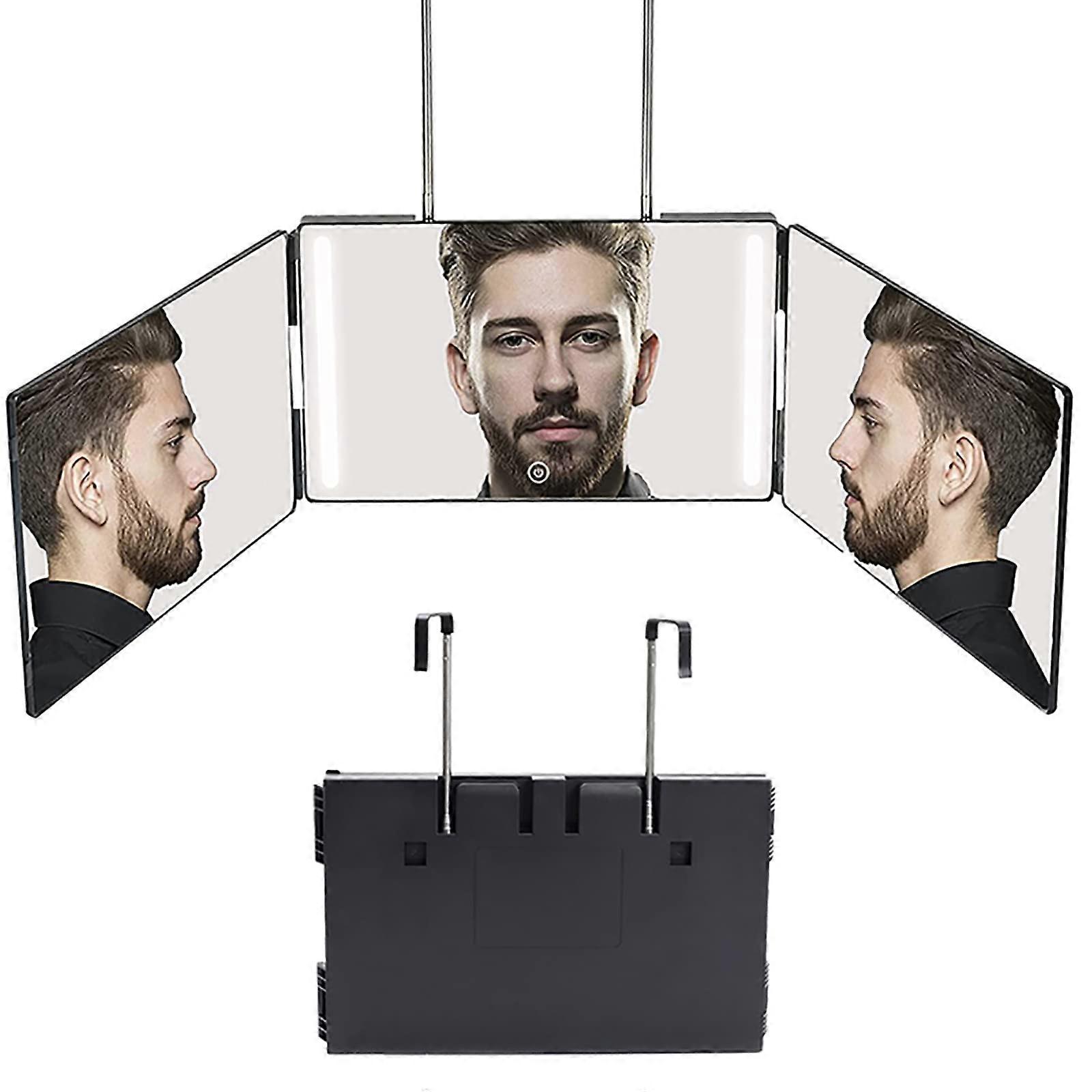 3-Way Hair Cutting Mirror, 360° LED Illuminated Folding Self-Hairstyling Mirror, Rechargeable Height Adjustable for Makeup and Shaving