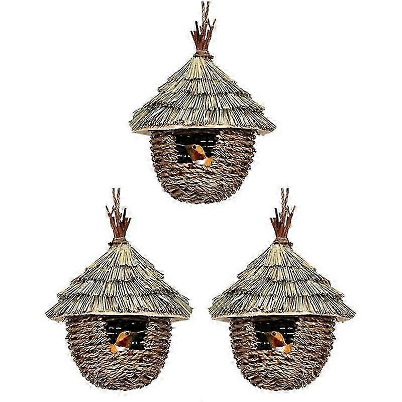 3Pcs of Hand-Woven Hanging Hummingbird Houses for Nesting, Natural Grass Bird Nests for the Garden