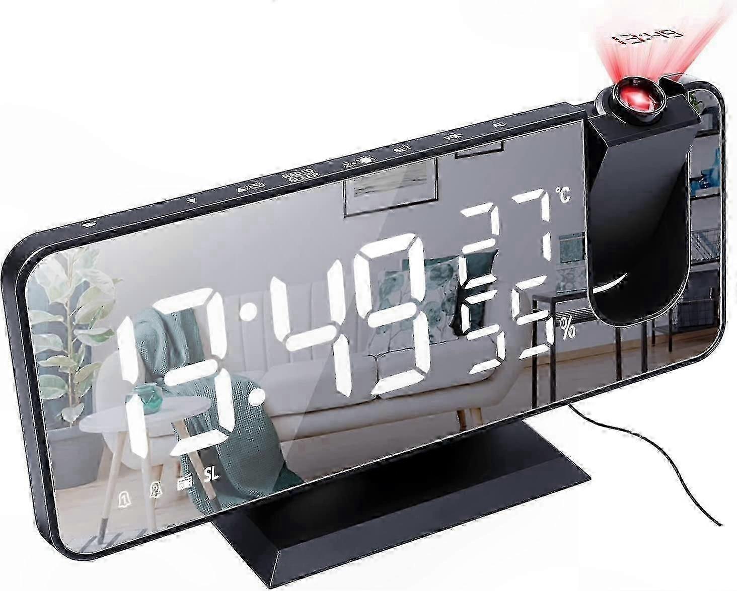 Orologio a proiezione a LED con radio FM e porte USB, display a 180 gradi, sveglia digitale nera per uso in camera da letto