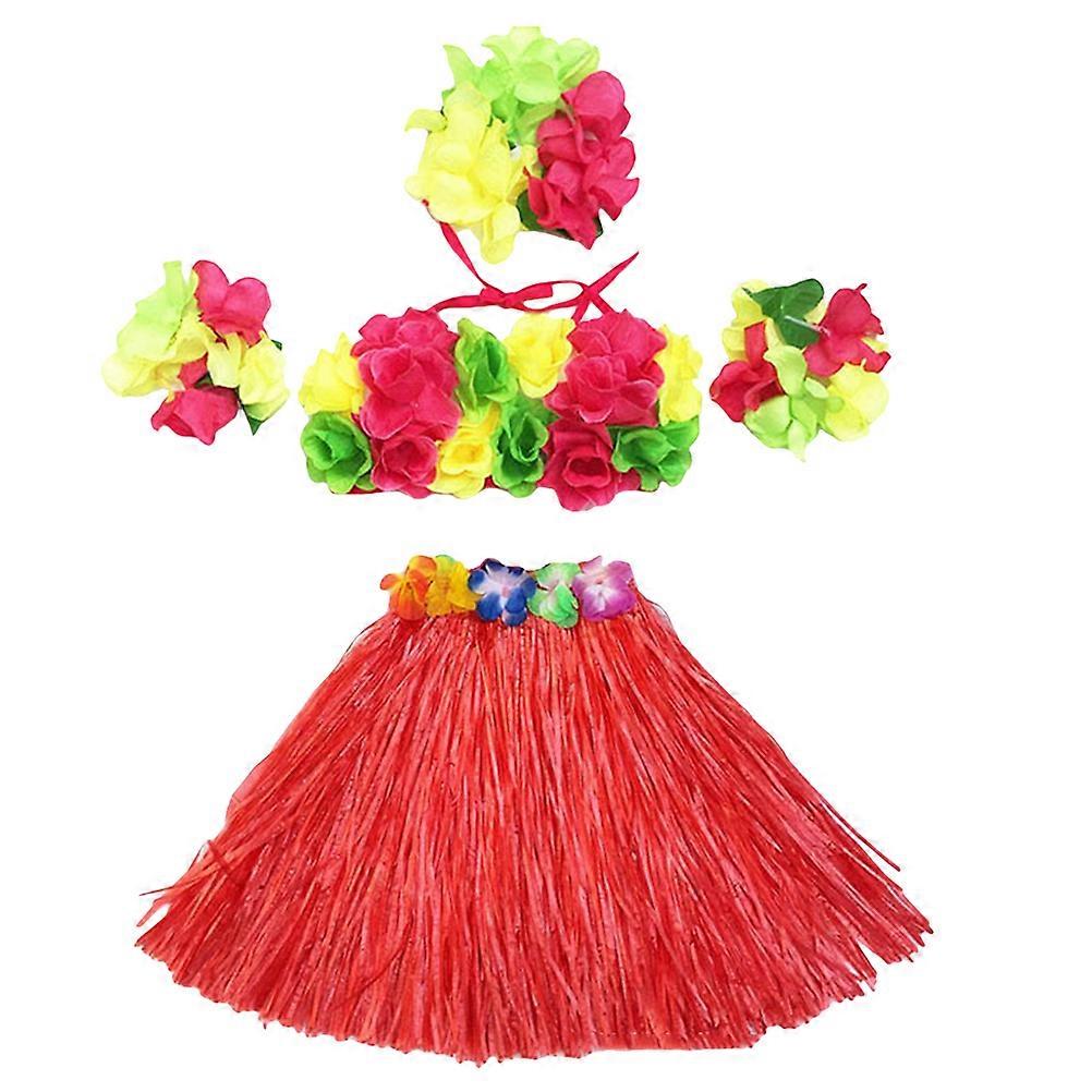 Colorful Hawaii Hula Grass Skirt Set with Flower Accessories for Dressing 40cm