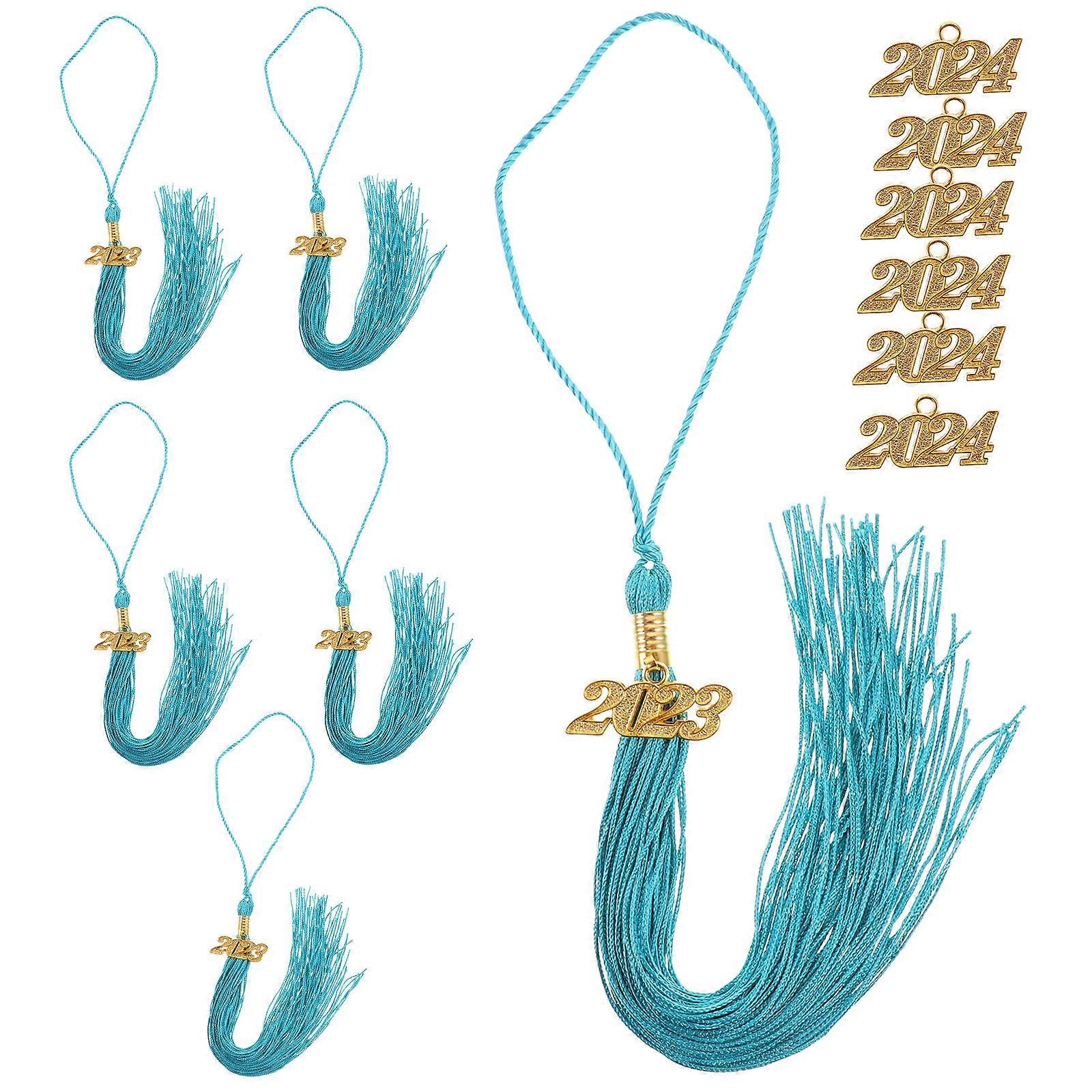 Peacock Blue & Gold Graduation Cap Tassels with Year Charm – DIY Doctoral Hat Decorations for Ceremony & Party Ornaments
