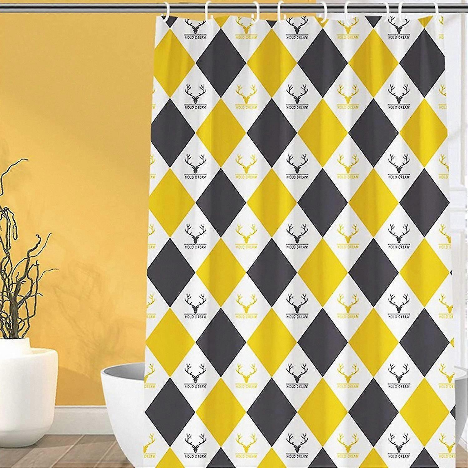 Yellow Patterned Polyester Shower Curtain with 12 Hooks