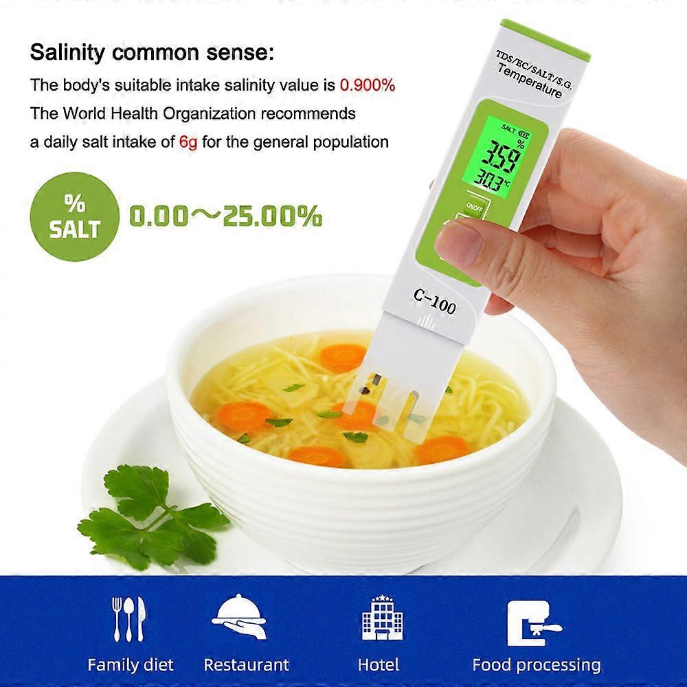 5 in 1 TDS/EC/SALT/S.G./Temperature Meter Digital Water Quality Monitor Tester for Pools Drinking Water Aquariums with Backlight battery not included