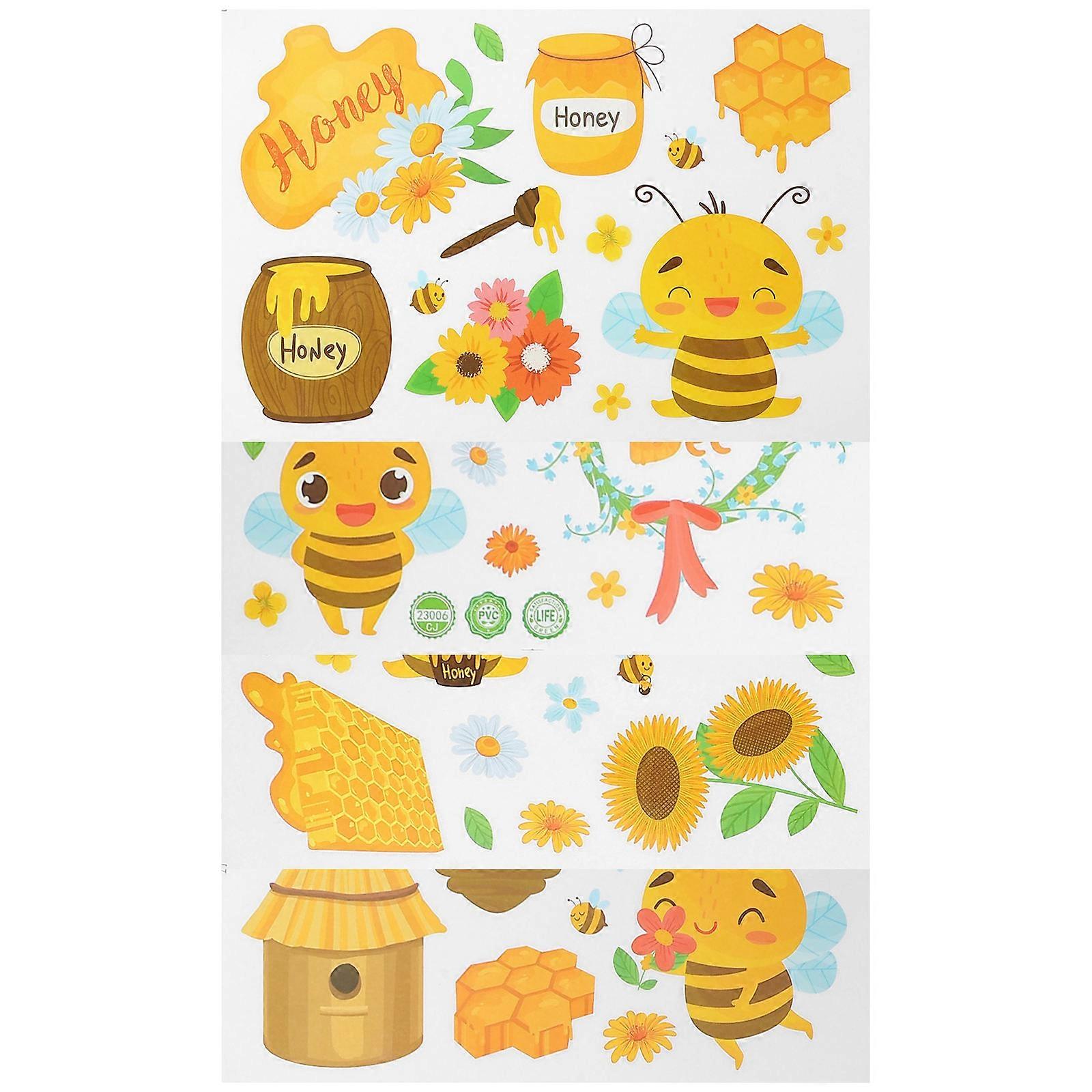 Adorable Bee Pattern Window Stickers 4 Sheets Removable Cartoon Decals for Living Room, Nursery & Bedroom Home Decoration
