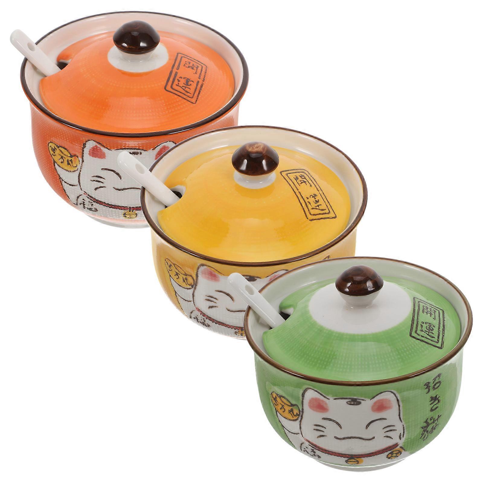 Ceramic Spice Jars with Lids and Spoons for Kitchen Assorted Color Cute Design Safe Material Portable 3 Pieces