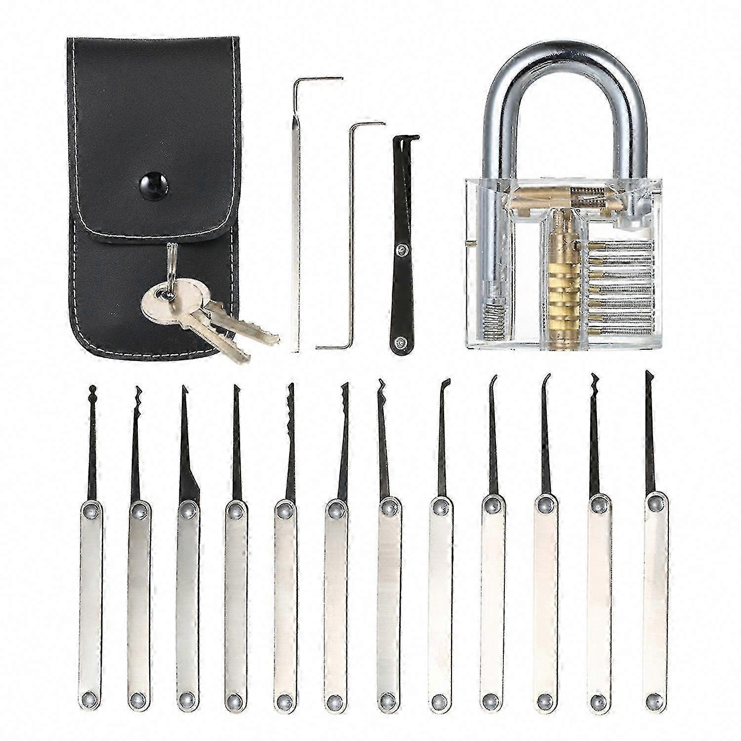 15pcs Lock Picking Set with Transparent Practice Padlock for Locksmith Beginners