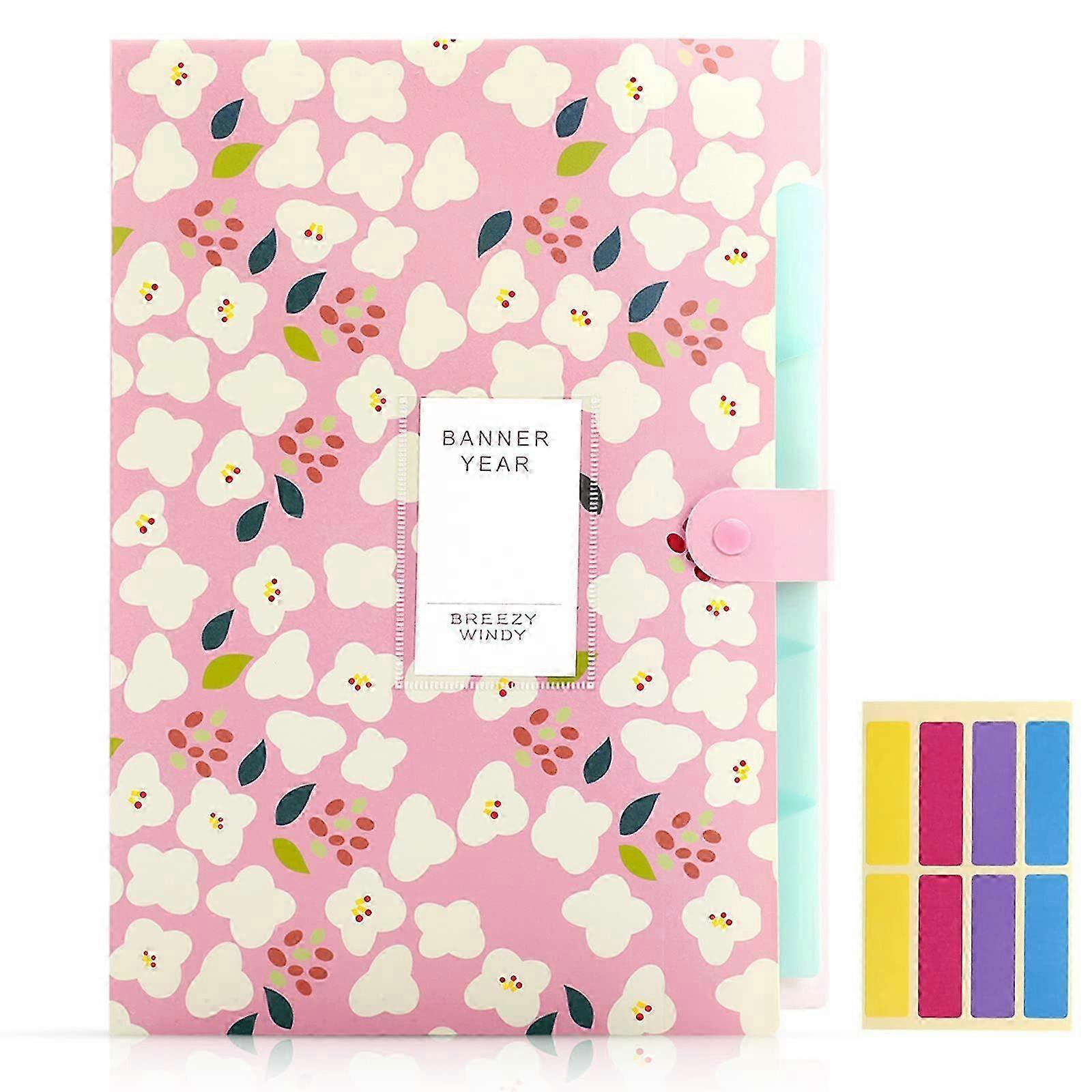 Expandable Expanding File, File Folder A4, Expanding File Organiser with 5 Pockets,Filing Folder Organiser,Floral Printed Folders for Paperwork,Pink