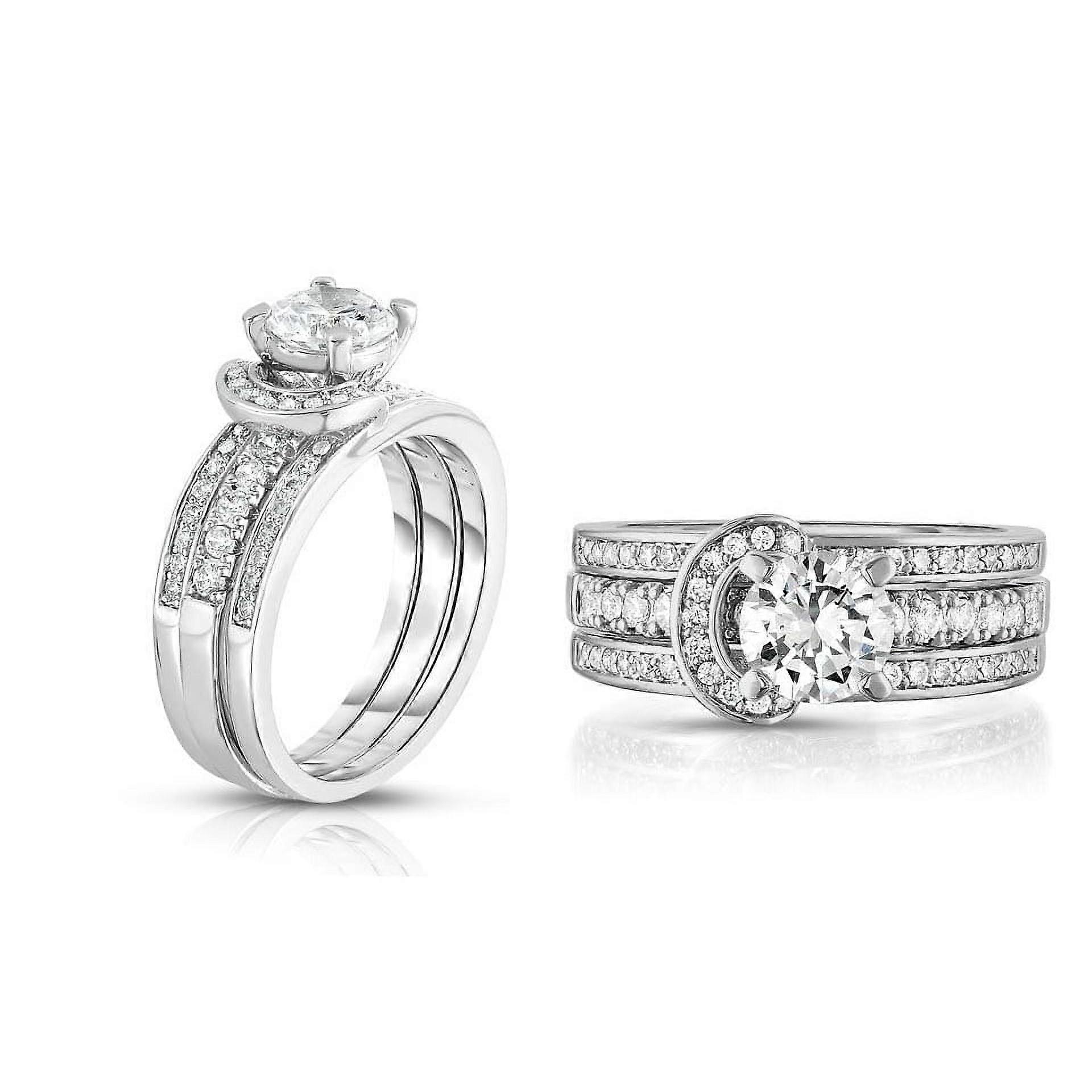 18k White Gold Micropave Interlock Ring and Band Set with AAA Cubic Zirconia
