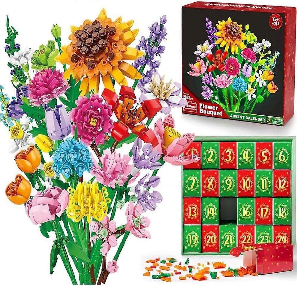 2025 Christmas Advent Calendar with Flower Bouquet Blocks - DIY Sunflower Artificial Flowers Plants Bouquet for Adults
