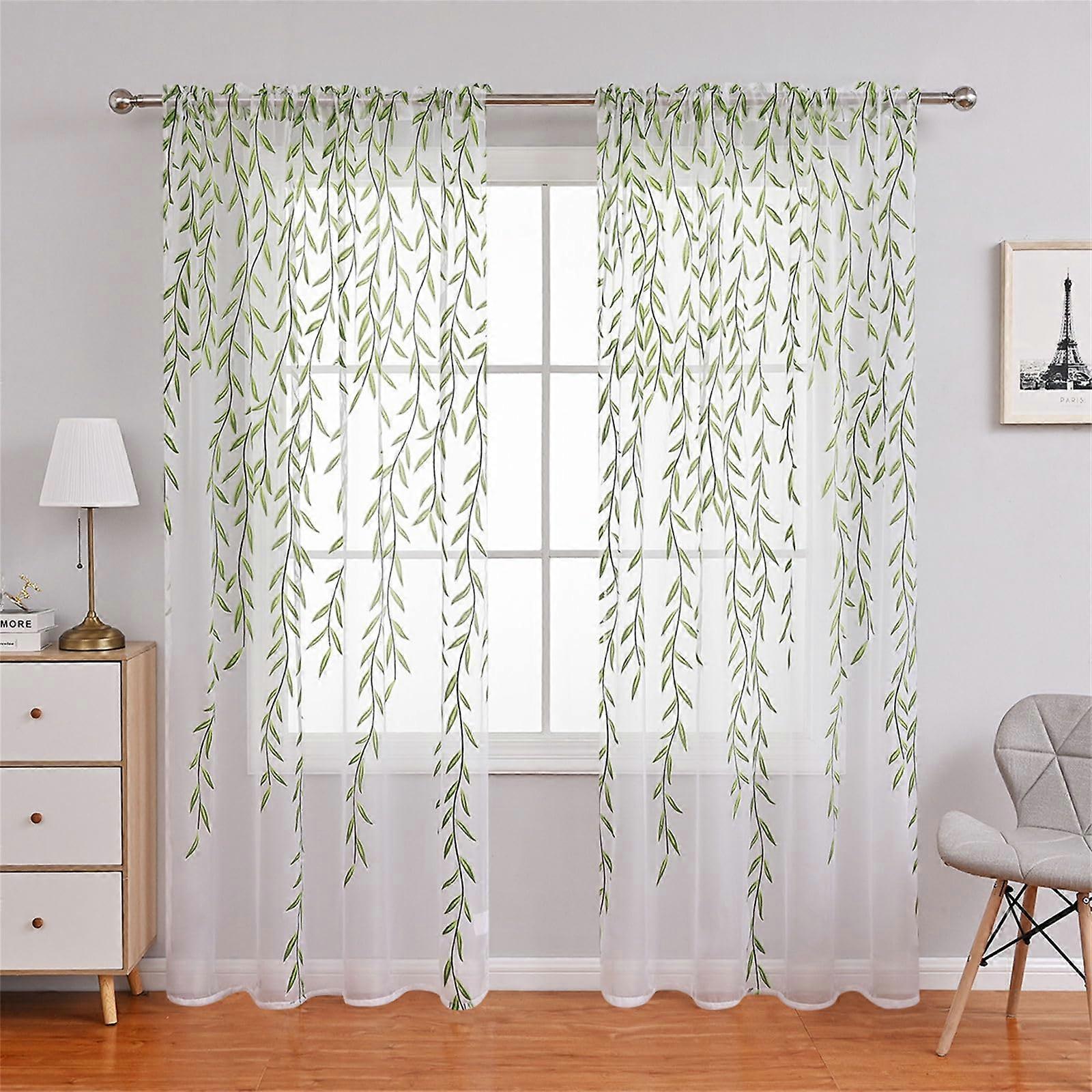 Voile Net Curtains Willow Leaf Pattern Semi Transparent Rod Pocket 2 Panels Light Filtering 100X200CM Green
