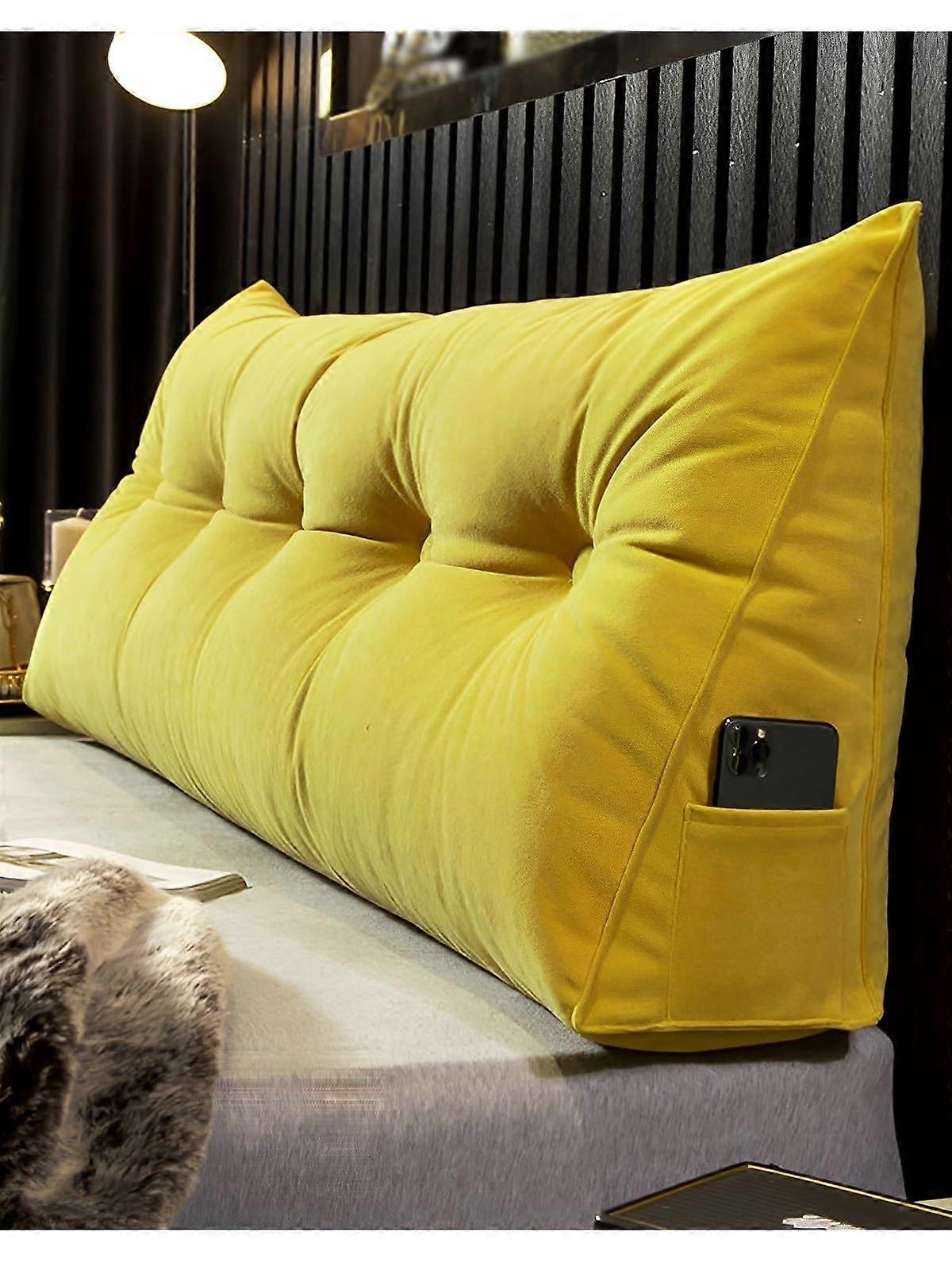 Reading Pillow with Lumbar Support and Side Pocket, Triangular Wedge Headboard Cushion for Bed, Sofa, Yellow, 120x50x20cm