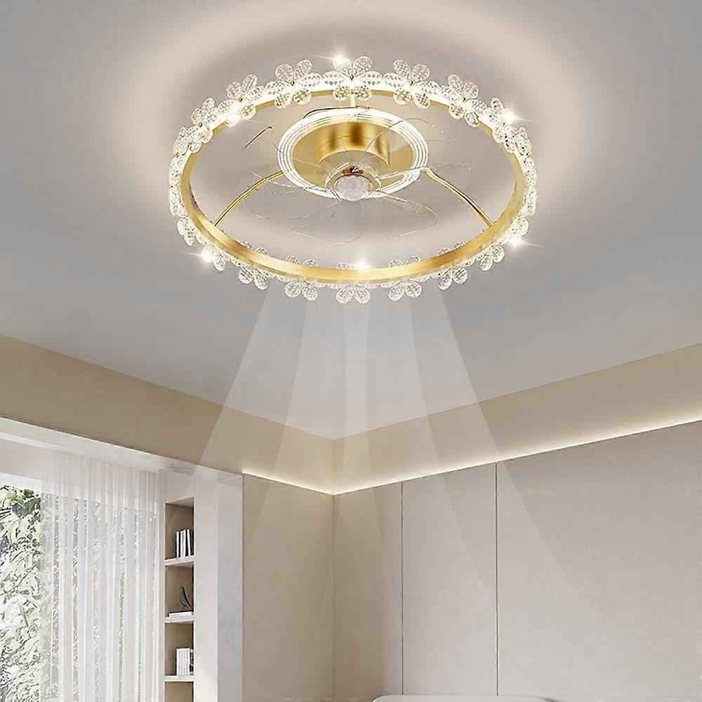 Crystal LED Gold Ceiling Fan with Lights, Modern Minimalist Flush Mount, Remote Control, Low Profile, Noiseless Chandelier for Bedroom