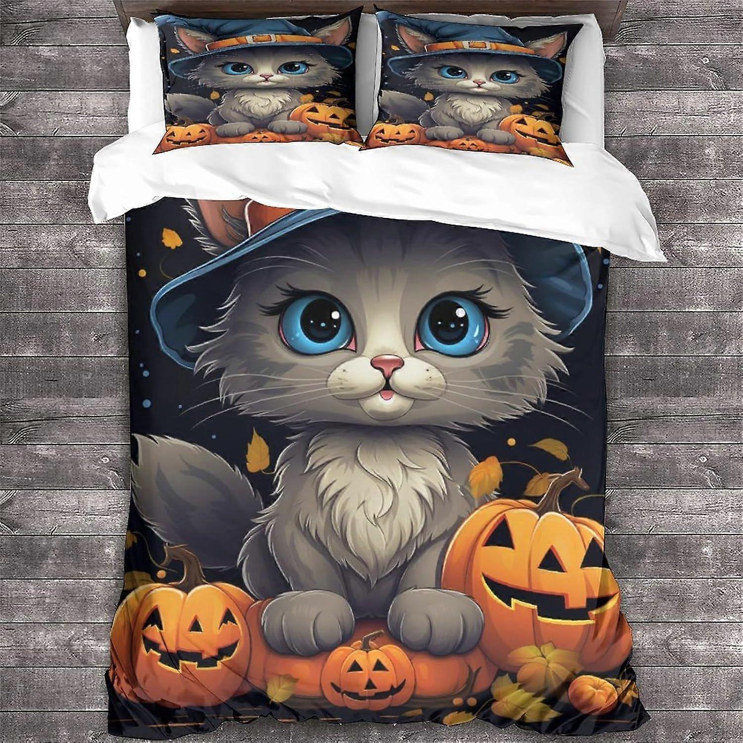 Capa Edredom Cat Dupla Animal Padrão Roupa de Cama Soft Lightweight Microfiber Halloween Quilt Cover com fechamento com zíper Duplo
