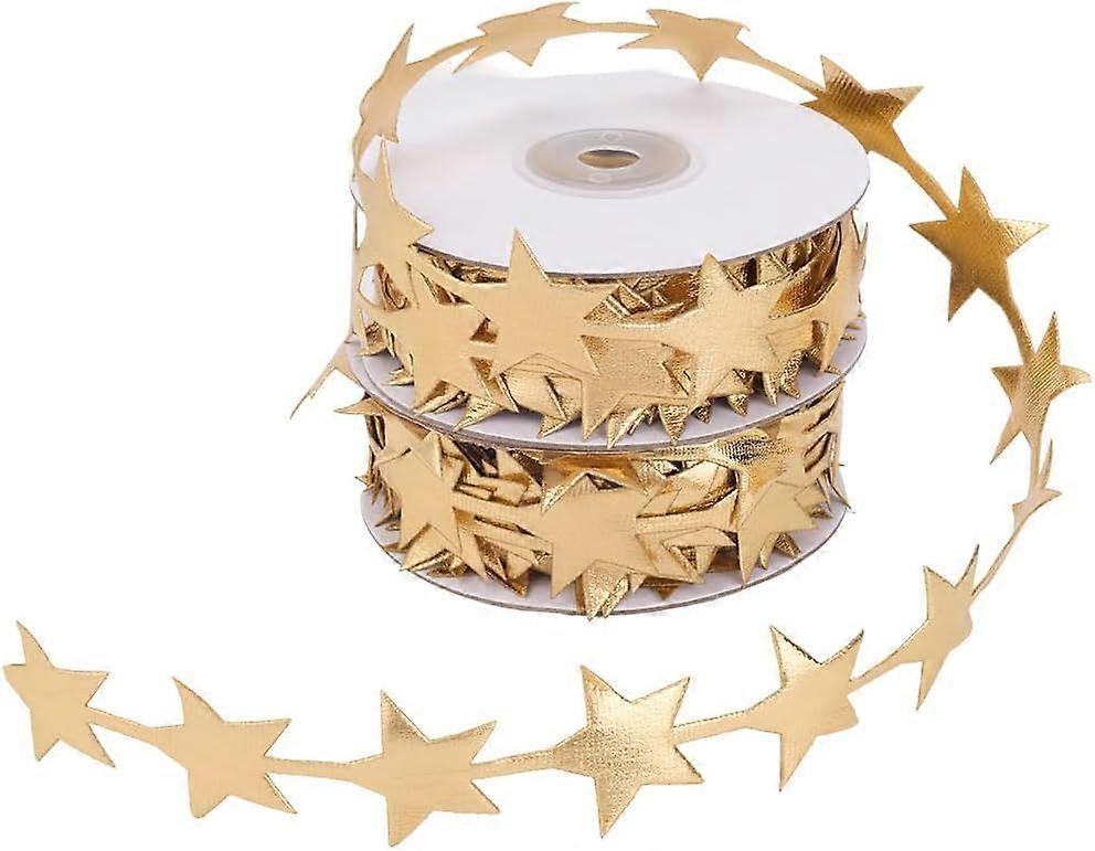 2 Rolls 22 Yards Gold Star Ribbon Trim Stars Shape Glitter Sparkly Polyester Fabric Decorative Chrismas Trimming Bulk with Spool for Sewing Making Cra