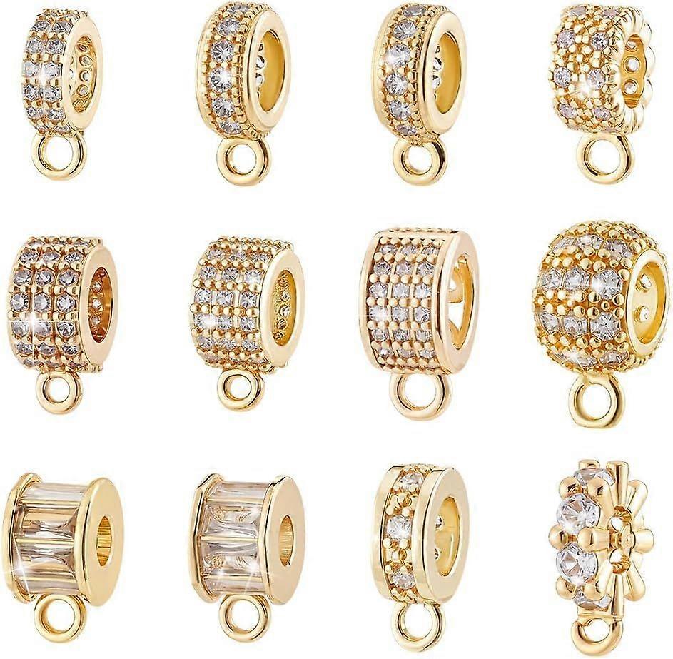 12 Styles 18K Gold Plated Spacer Bail Bead Hanger Rhinestone Bail Beads with Charm Loop Cubic Zirconia Bails Connectors for European Necklace Bracelet