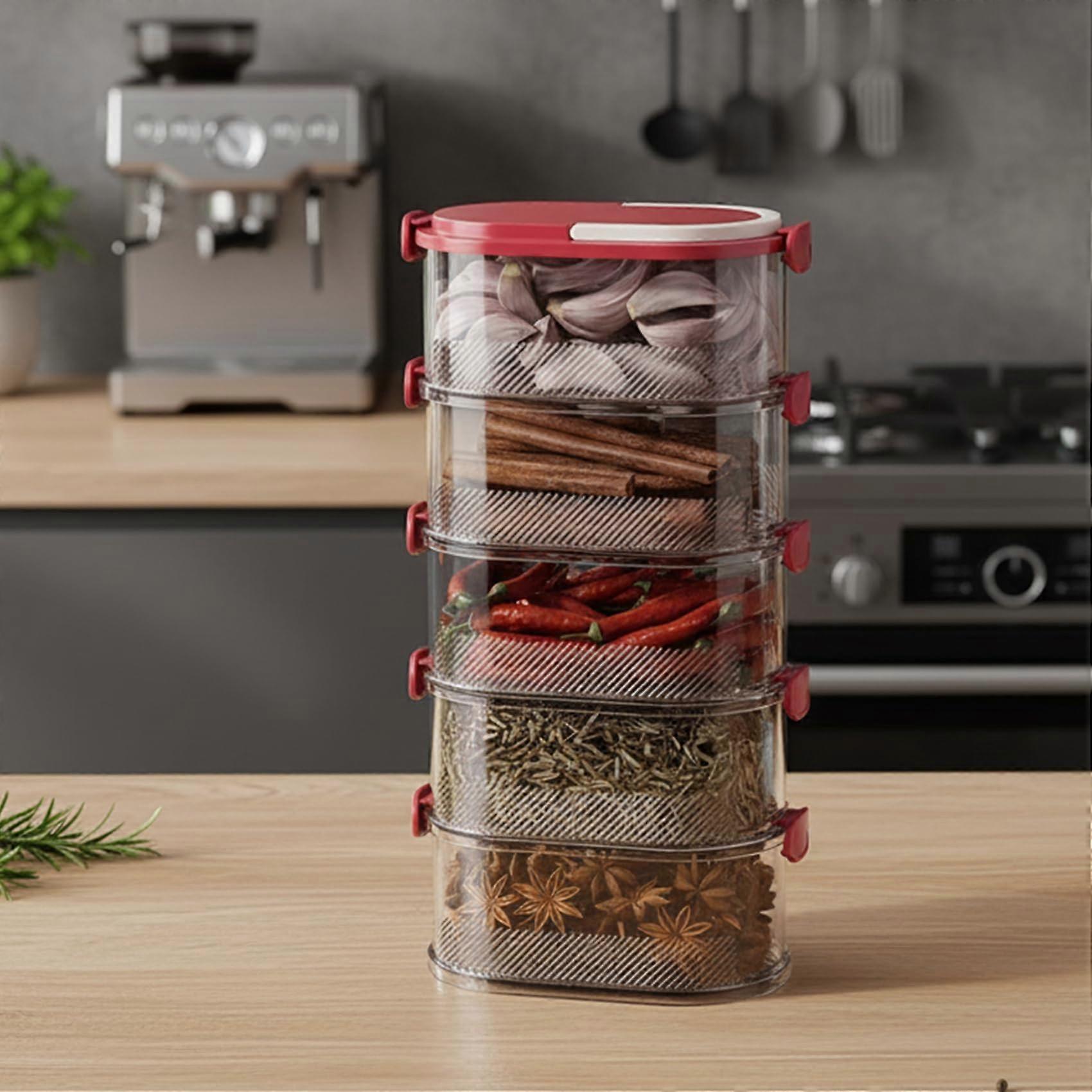 Stackable Spice Rack Organizer with Airtight EasyLock Lids, Clear 5Layer Red Spice Storage Containers