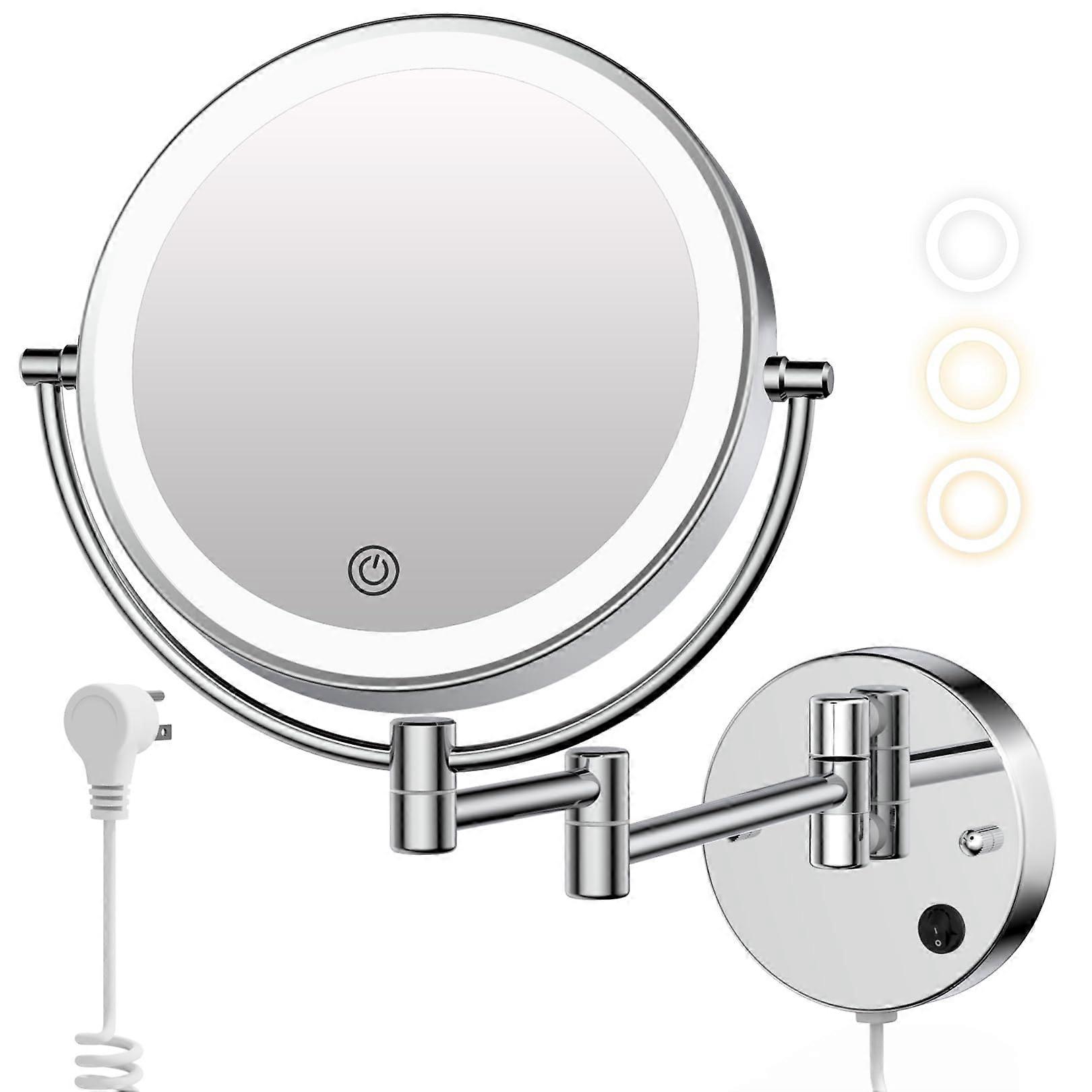Wall Mounted Lighted Makeup Mirror 8 Inch 10X/1X Dual Magnification 3 Color LED 360° Swivel Arm Chrome