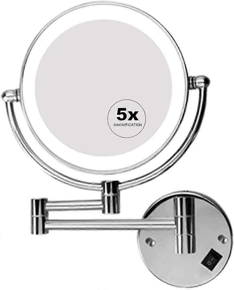 LED Wall Mounted Makeup Mirror with 5X Magnification, USB Rechargeable Double Sided Swivel