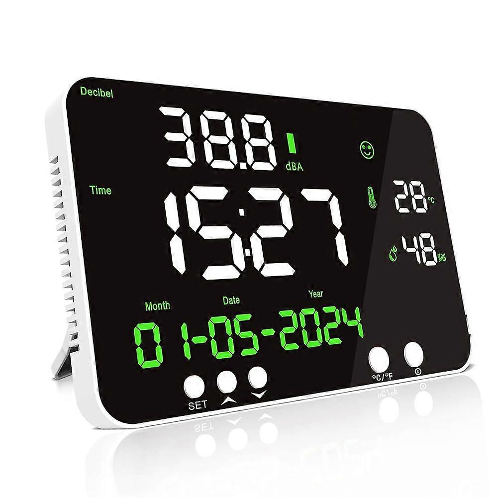 5-in-1 Decibel Meter Wall-Mounted Sound Level Meter Displays Time Temperature Humidity Date, Noise Monitor with Alarms