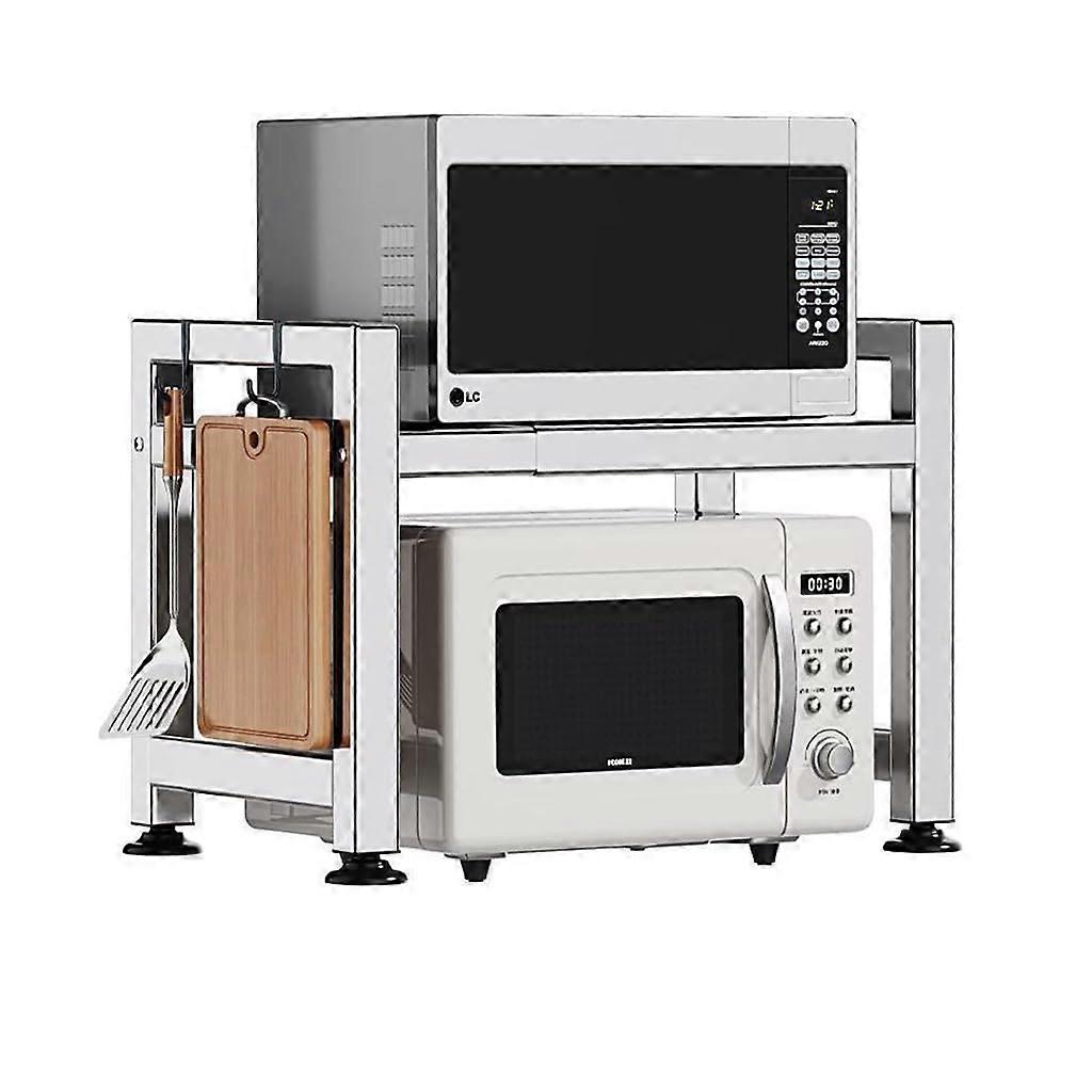 Microwave Oven Rack Adjustable Stainless Steel Kitchen Shelf with Hooks SpaceSaving Countertop Organizer