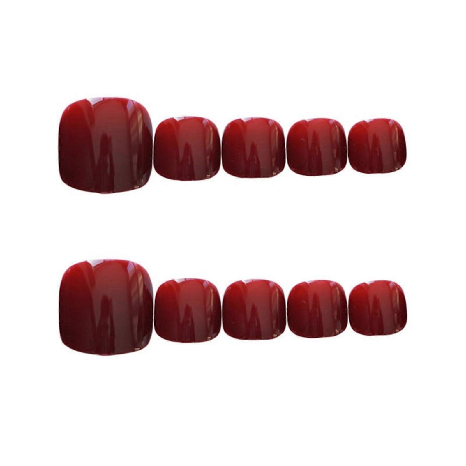 Wine Red Press On Toenails Retro Solid Color Fake Toenail Set with Multiple Size Options