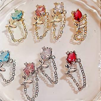 Press On Nails with 3D Tulip Chain Charms, Full Coverage Tips, Luxury Nail Art Accessories