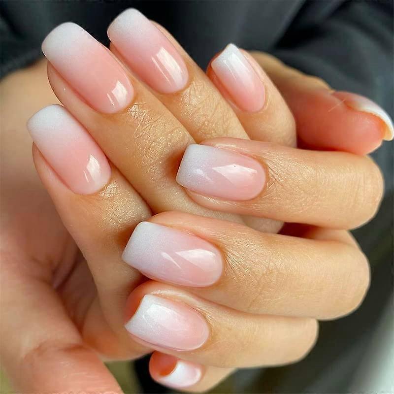 Medium Length Ombre Press On Nails Set Gradient Nude White Acrylic Full Cover False Nails 24PCS