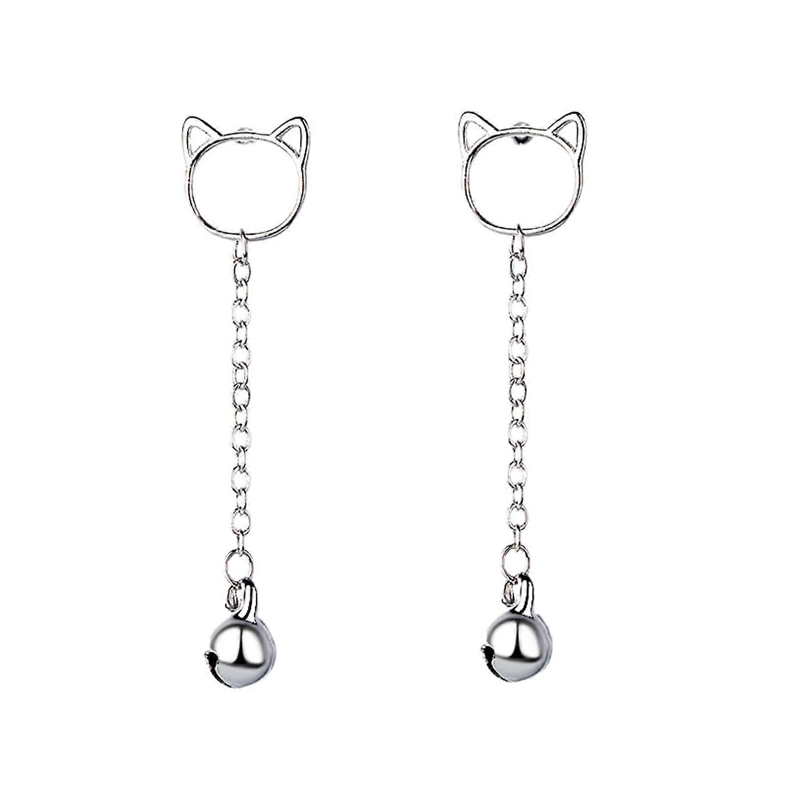 Cat Earrings with Bell Tassel Design, Lightweight Copper Studs, Cute Cat Shaped Drop Style