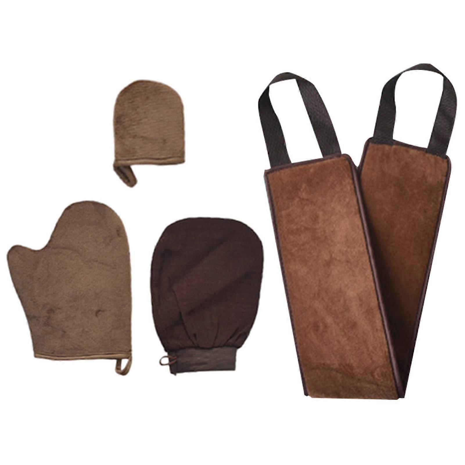 4 Pack Self Tanning Mitt Applicator Kit with Back Lotion Tool, Waterproof Lining, Soft Flocking, Brown