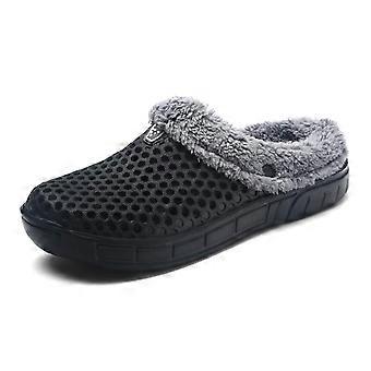 Herenklompen met bontvoering, warme instapslippers voor binnen, buiten en in de tuin, maat 8 (VK), zwart