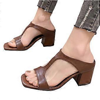 Bruine damessandalen met vierkante neus, open teen, ademende hoge hak, casual schoenen voor de lente/zomer, maat 5.5