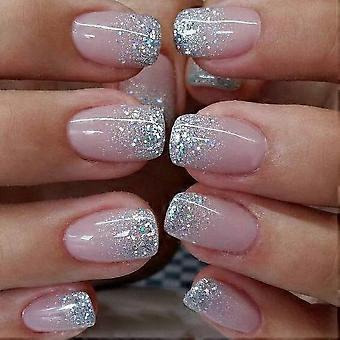Curvlife 30pcs Short Press On Nails, Shining Stick on Fake Nails Design Glossy Acrylic Nails Tips Glue on Nails For Women False Nail Kit With Nail Glu