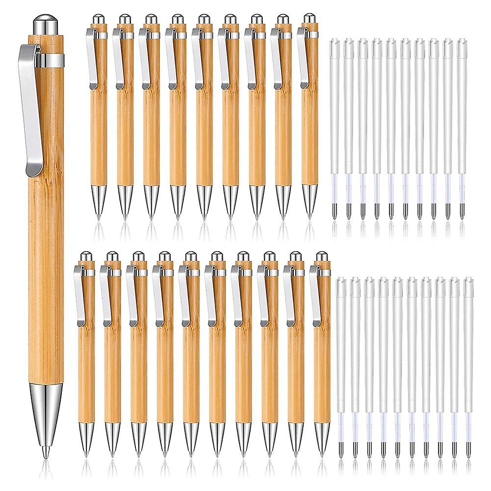 20 Pcs Bamboo Retractable Ballpoint Pen and 20 Pcs Extra Refills, Black Ink 1 mm Bamboo Pen Retract